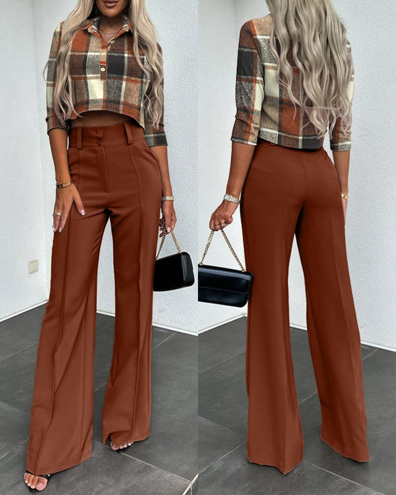 Plaid Print Half Sleeve Top & High Waist Pants Set