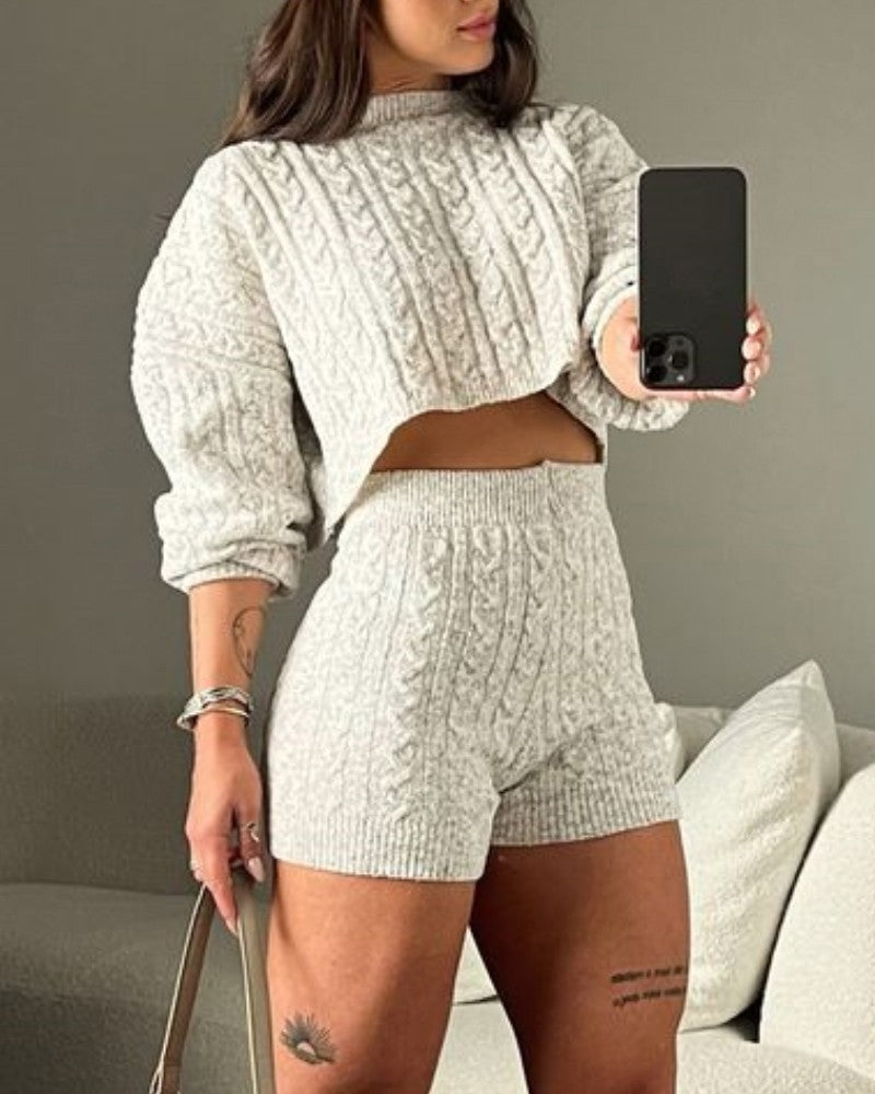 2 Piece Crewneck Long Sleeve Cable Knit Crop Sweater High Waist Shorts Tracksuits Outfits