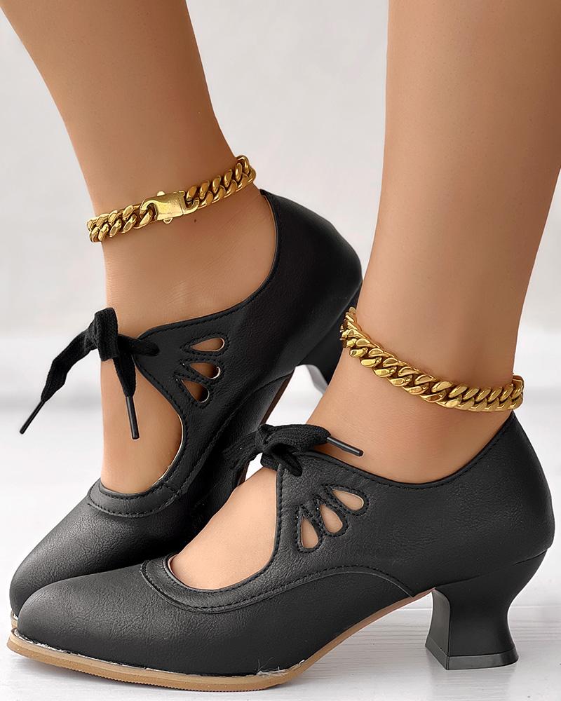 Hollow Out Tied Detail Chunky Heel Pumps