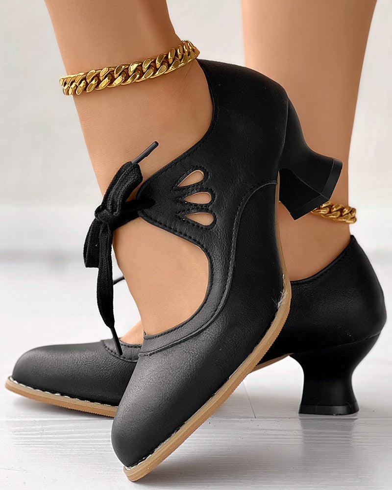 Hollow Out Tied Detail Chunky Heel Pumps