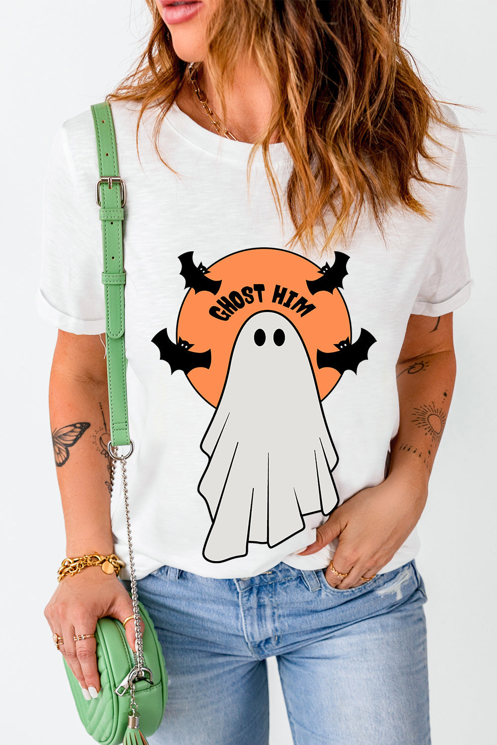 White GHOST HIM Bat Graphic Crewneck Halloween T Shirt