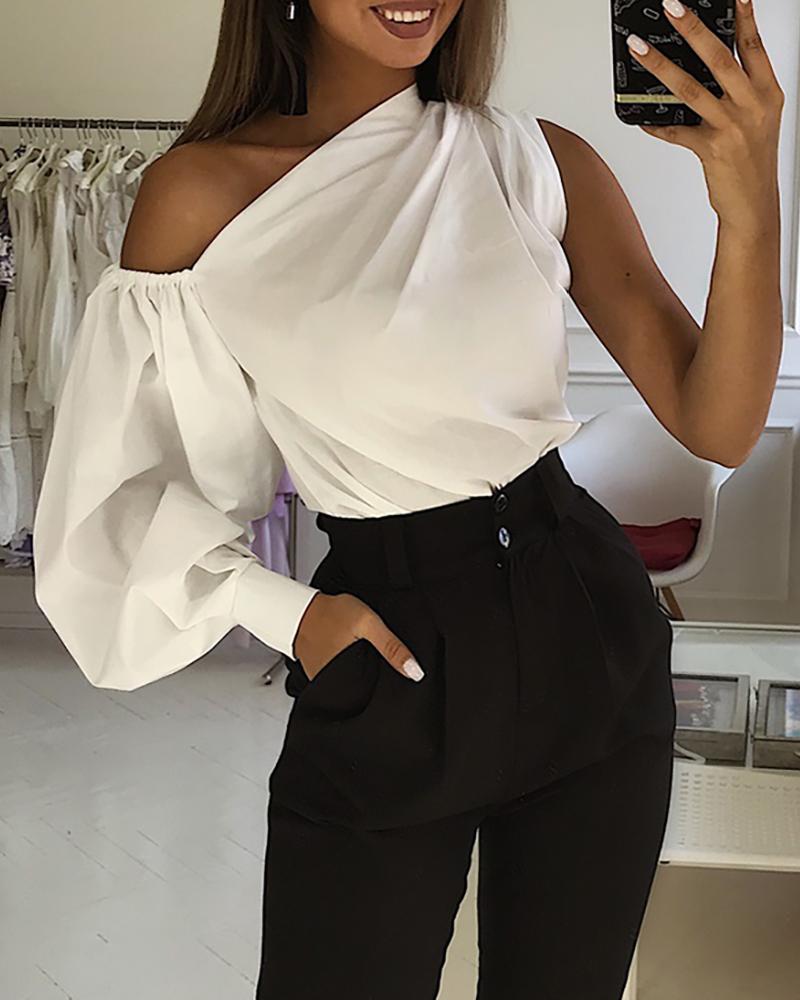 Solid One Shoulder Lantern Sleeve Blouse