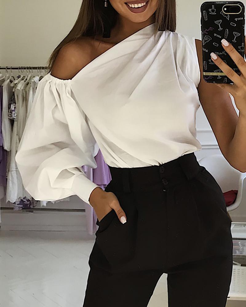 Solid One Shoulder Lantern Sleeve Blouse