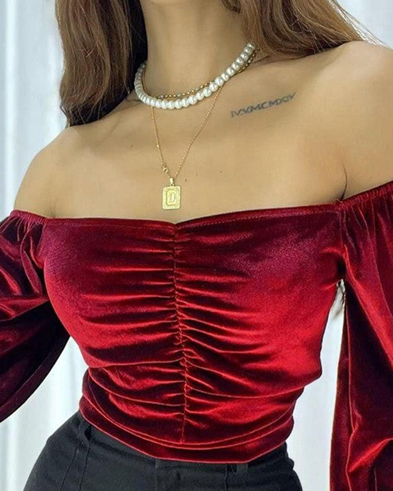 Velvet Off Shoulder Ruched Ruffles Top