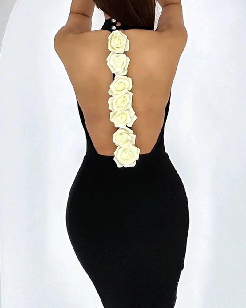 Rose Detail Mock Neck Sleeveless Backless Bodycon Party Dress