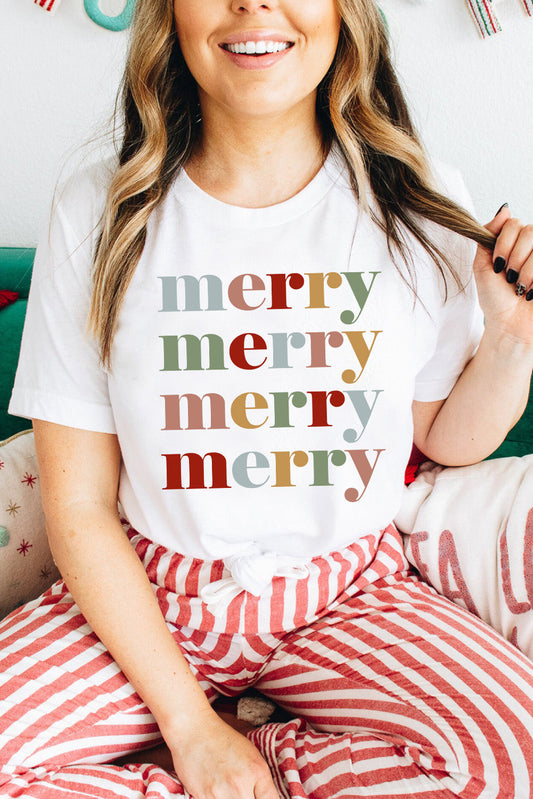 White Colorful merry Printed Crewneck Christmas T Shirt