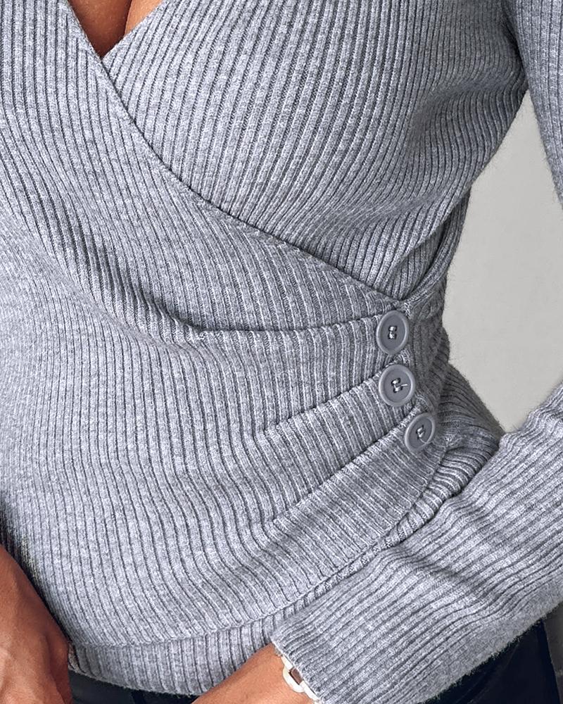 V Neck Ruched Side Button Decor Slim Fit Knit Sweater