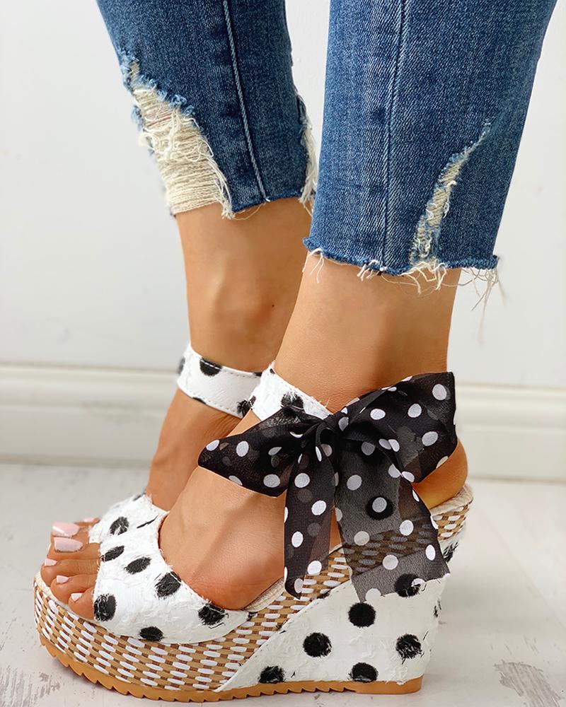 Dot Bowknot Design Platform Wedge Sandals