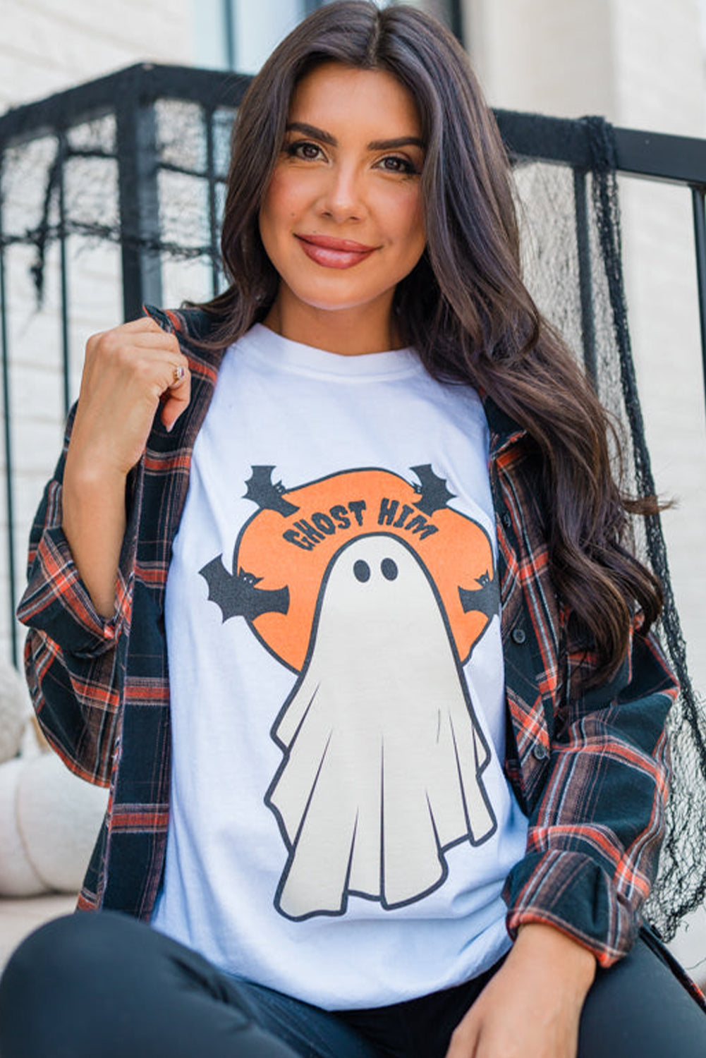 White GHOST HIM Bat Graphic Crewneck Halloween T Shirt