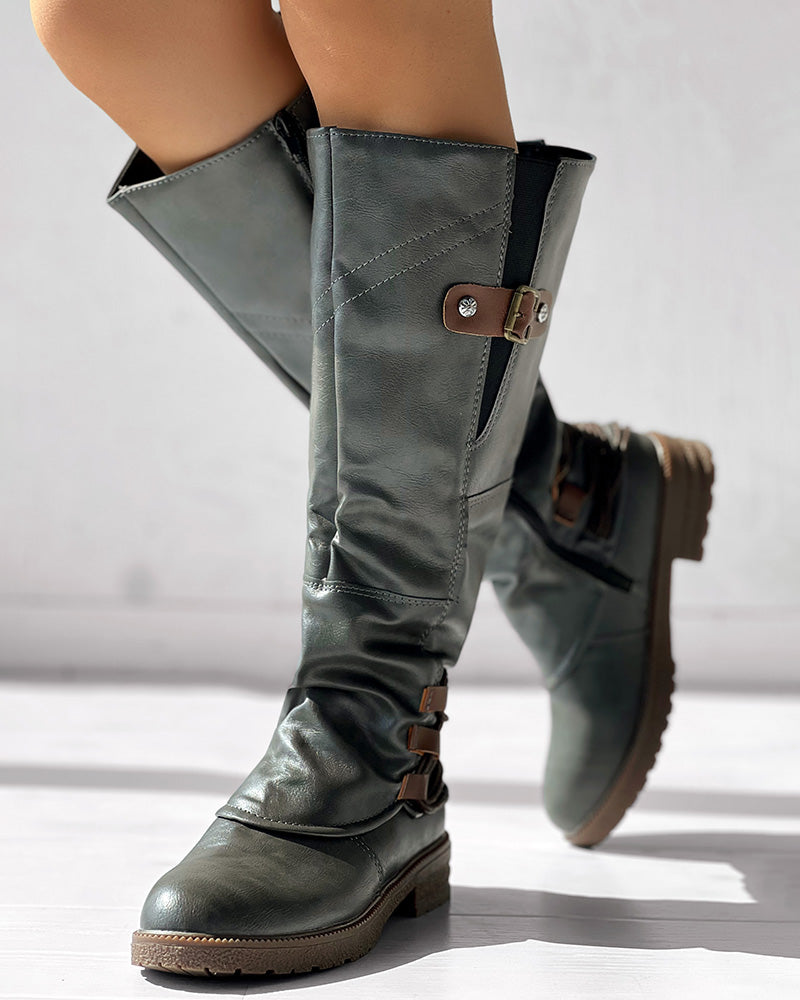 Side Zipper Buckled Round Toe Calf Boots