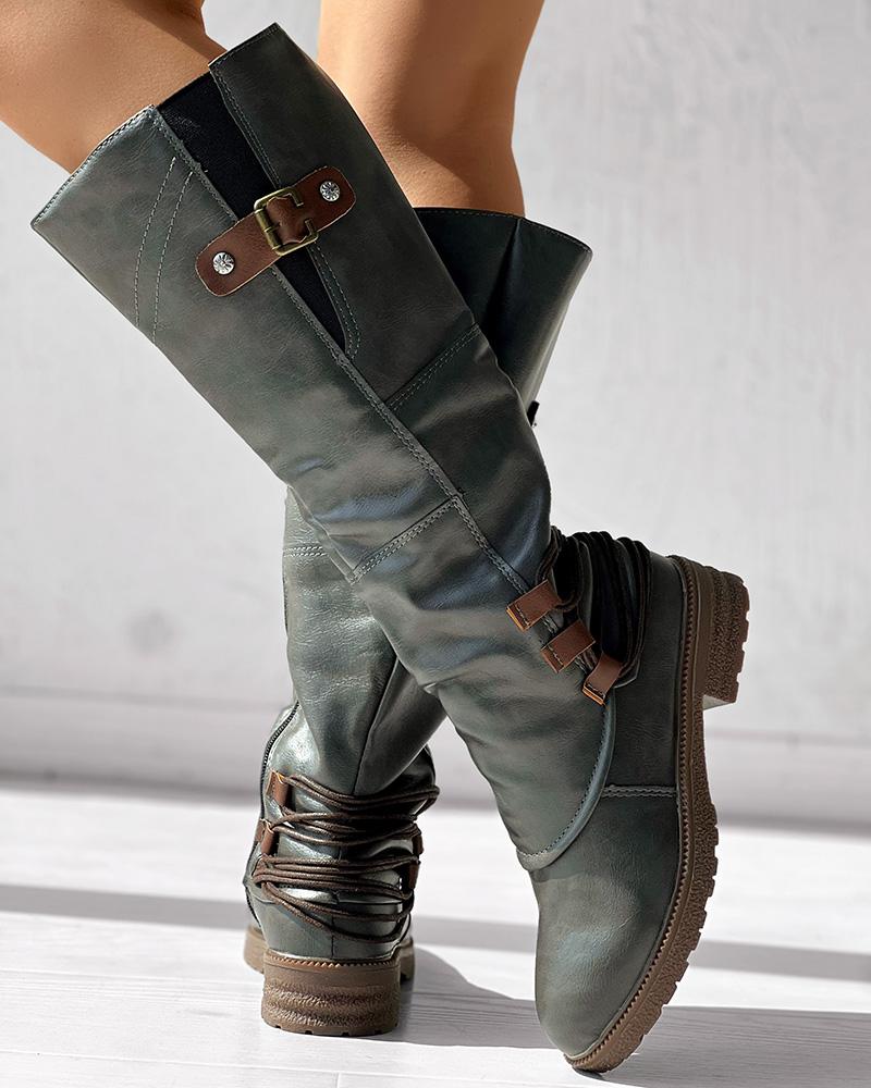 Side Zipper Buckled Round Toe Calf Boots