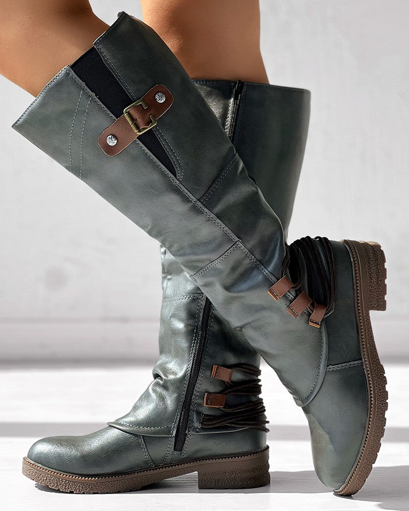 Side Zipper Buckled Round Toe Calf Boots