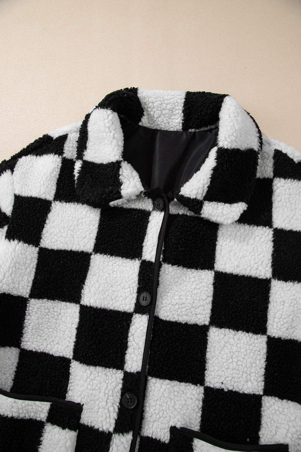 Black Checkered Side Pockets Collared Buttoned Fleece Jacket