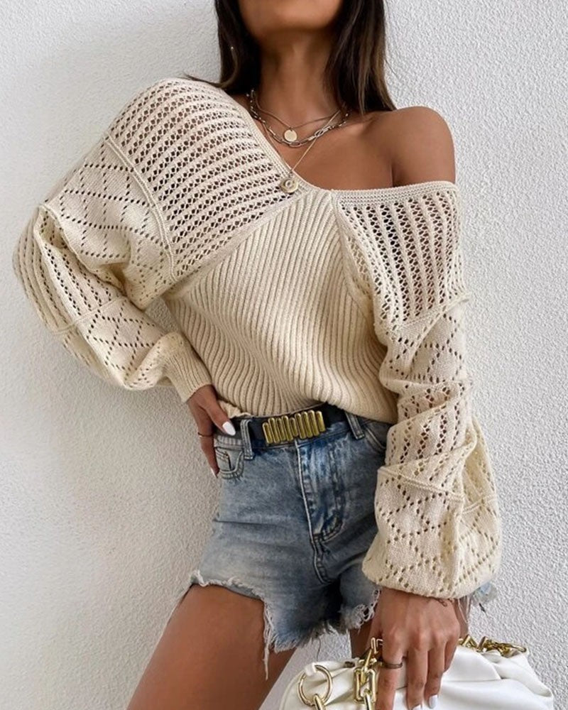 Bishop Sleeve V Neck Open Knit Sweater