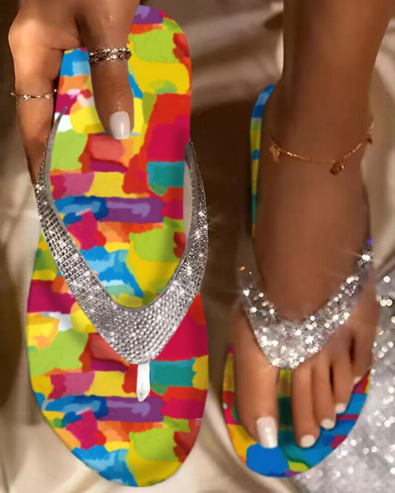 Multi Colors All Over Print Rhinestone Strap Flip Flops