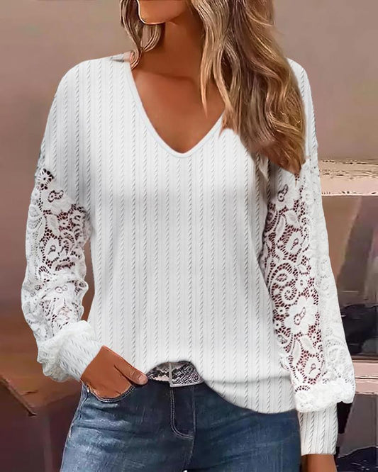 Lace Patch Lantern Sleeve Cable Textured Blouse