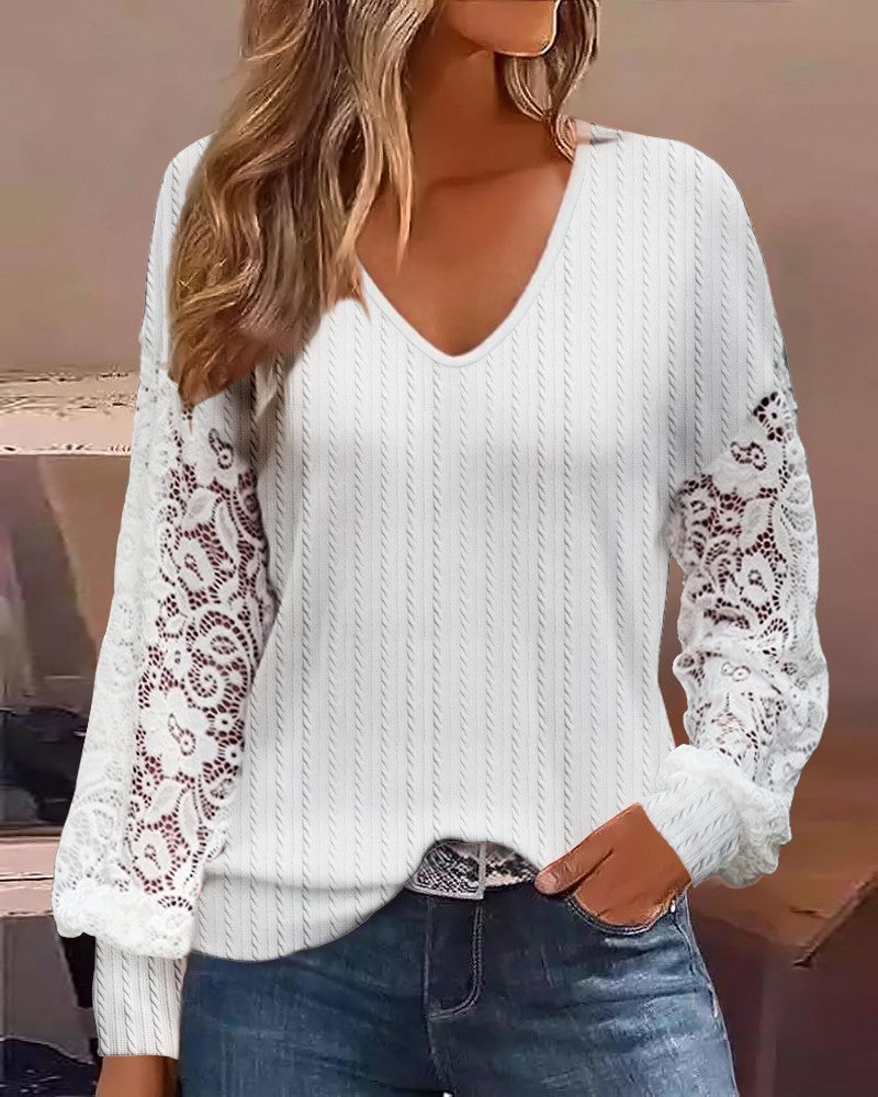 Lace Patch Lantern Sleeve Cable Textured Blouse