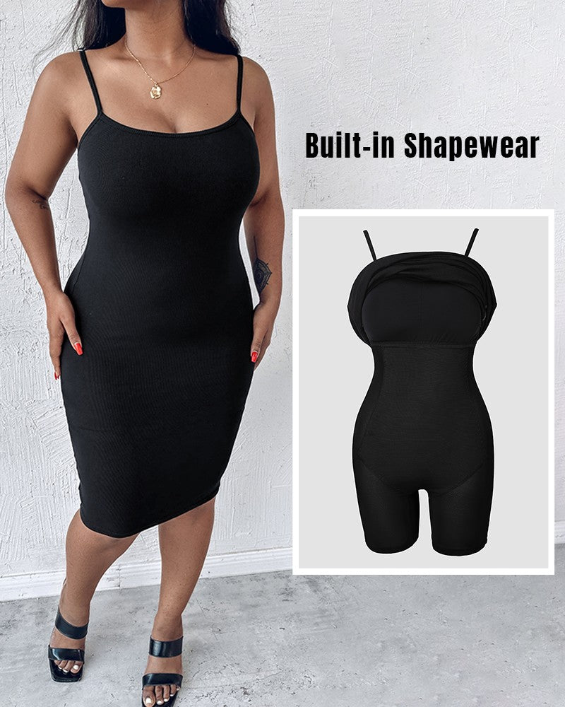 Shapewear Dress Bodycon Midi Dress Built in Bra Summer Casual Tummy Control Slip Dress with Adjustable Straps