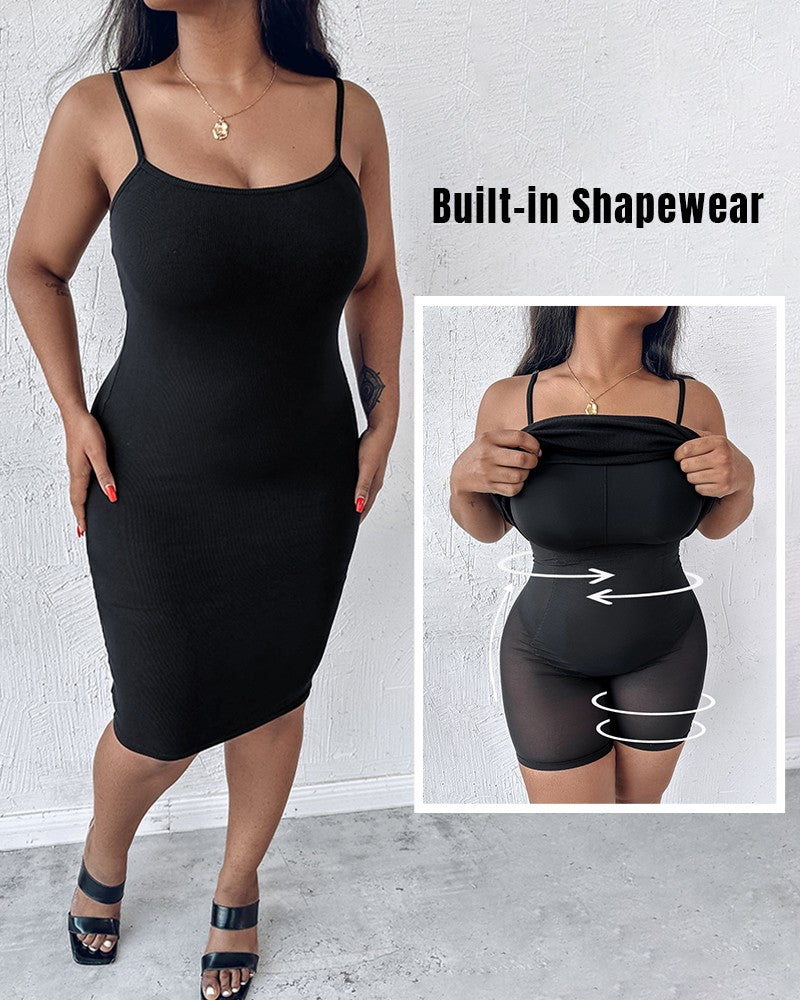 Shapewear Dress Bodycon Midi Dress Built in Bra Summer Casual Tummy Control Slip Dress with Adjustable Straps