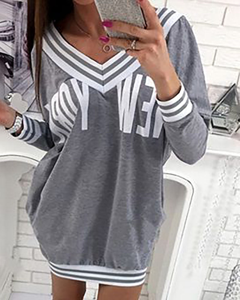 Striped Letter Print Long Sleeve Casual Sweatshirt