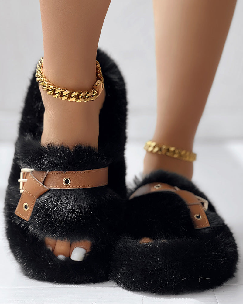 Eyelet Buckled Fluffy Winter Slippers