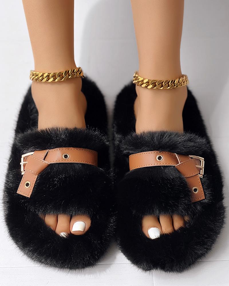 Eyelet Buckled Fluffy Winter Slippers