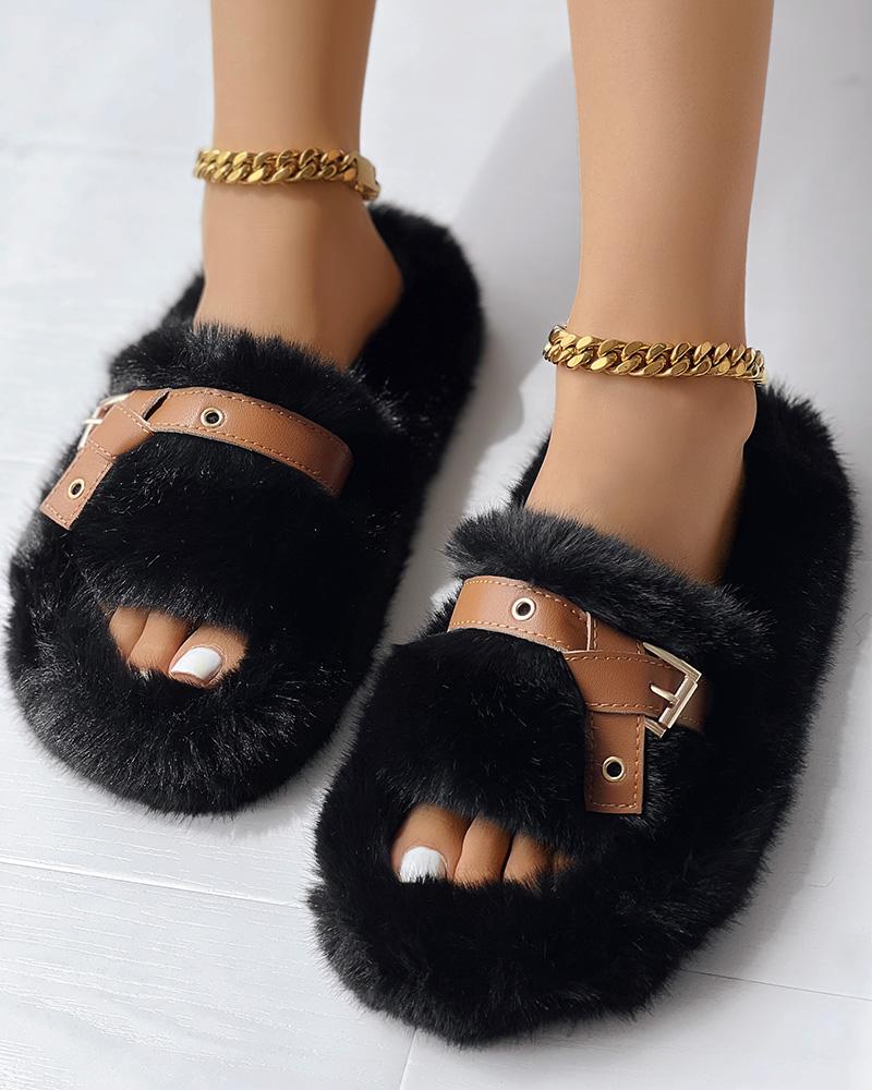 Eyelet Buckled Fluffy Winter Slippers