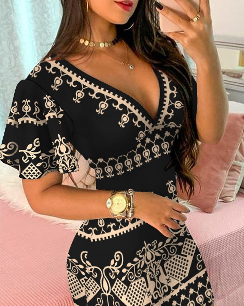 Tribal Print Plunge Bodycon Dress