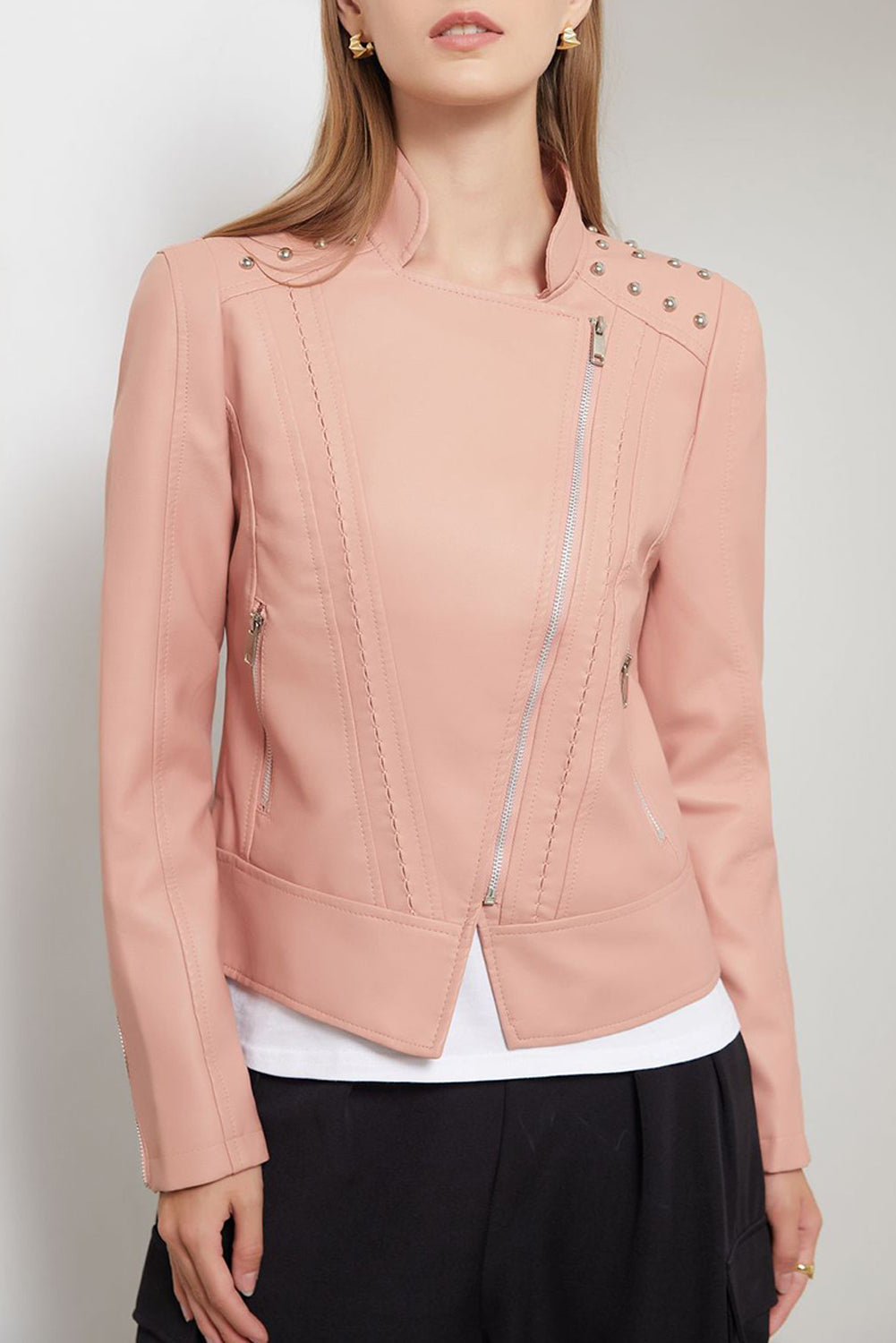 Gossamer Pink Faux Leather Studded Shoulder Asymmetric Zip Jacket