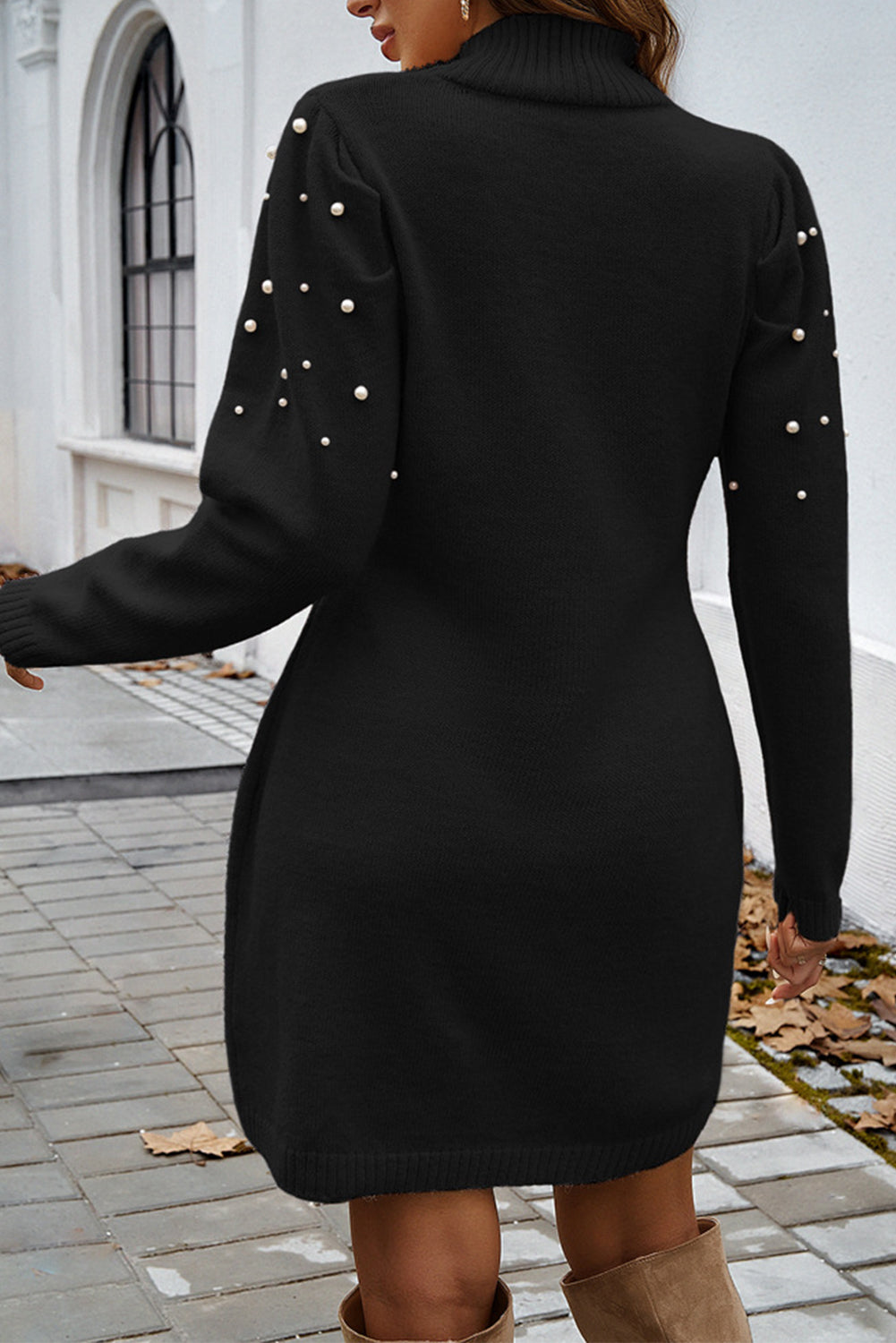 Black Pearl Beaded High Neck Bodycon Sweater Dress