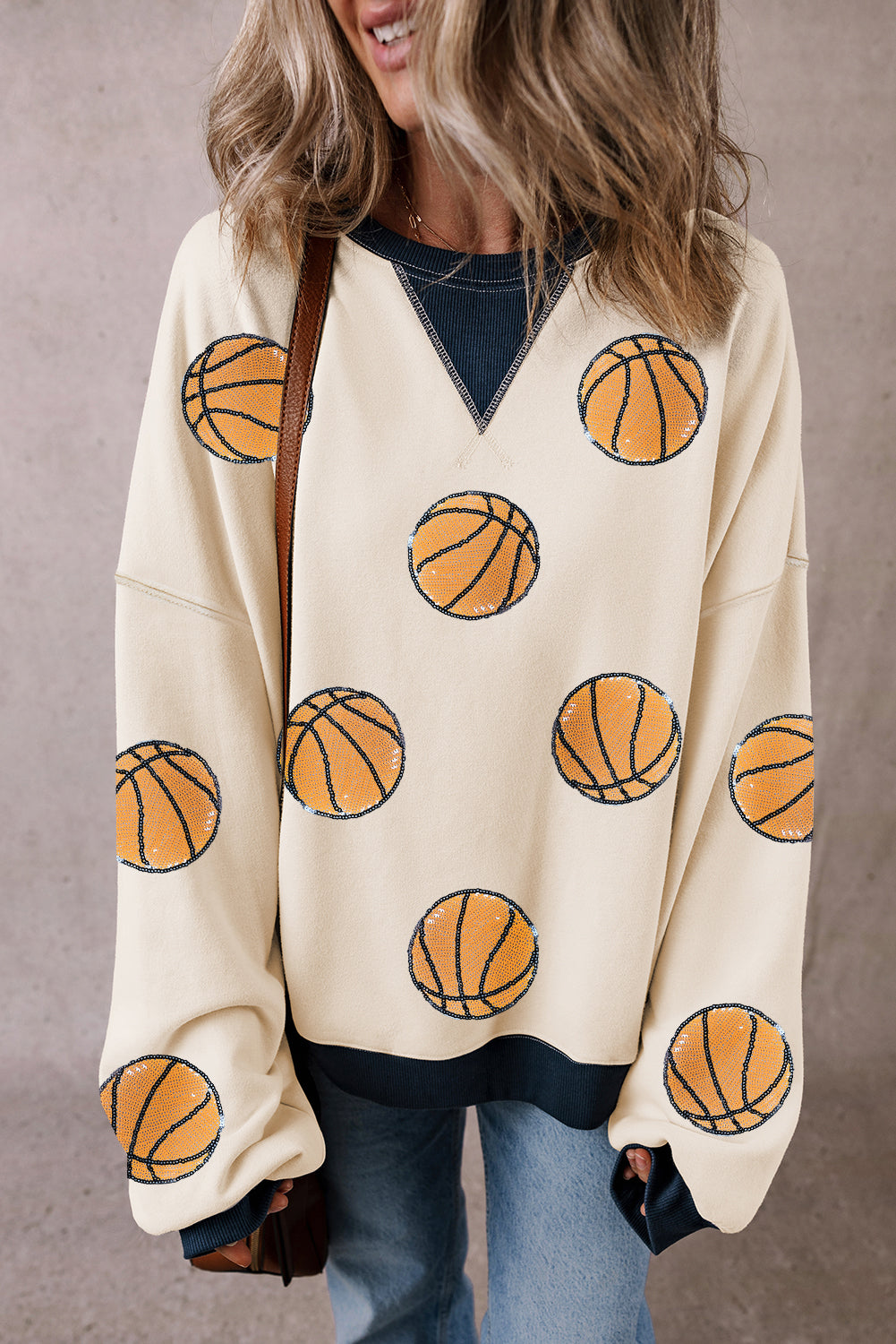 White Sequin Football Graphic Crew Colorblock Sweatshirt