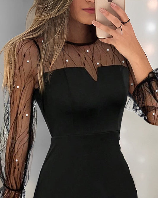 Sheer Mesh Beaded Bell Sleeve Bodycon Dress