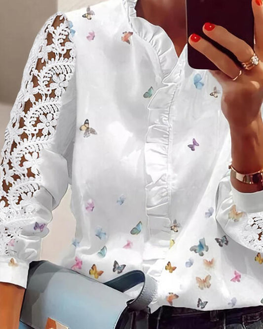 Lace Butterfly Print V Neck Long Sleeve Patchwork Casual Blouse