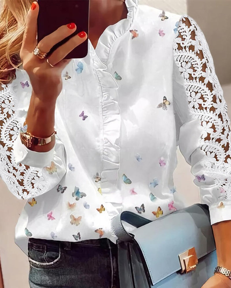 Lace Butterfly Print V Neck Long Sleeve Patchwork Casual Blouse