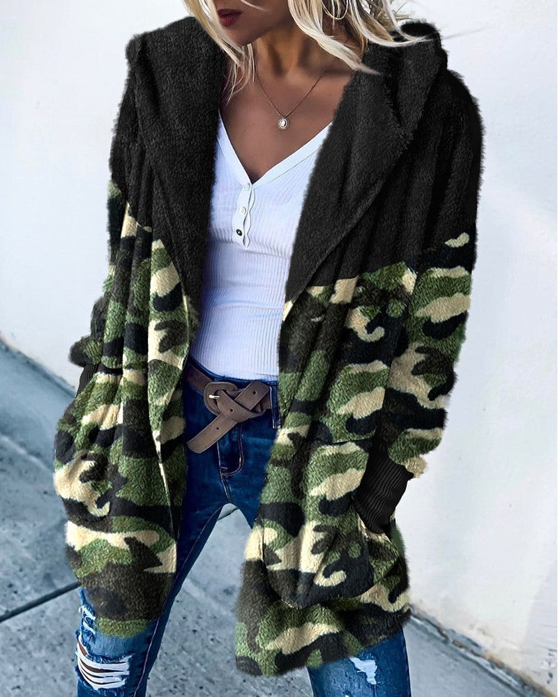 Camouflage Print Long Sleeve Hooded Teddy Coat