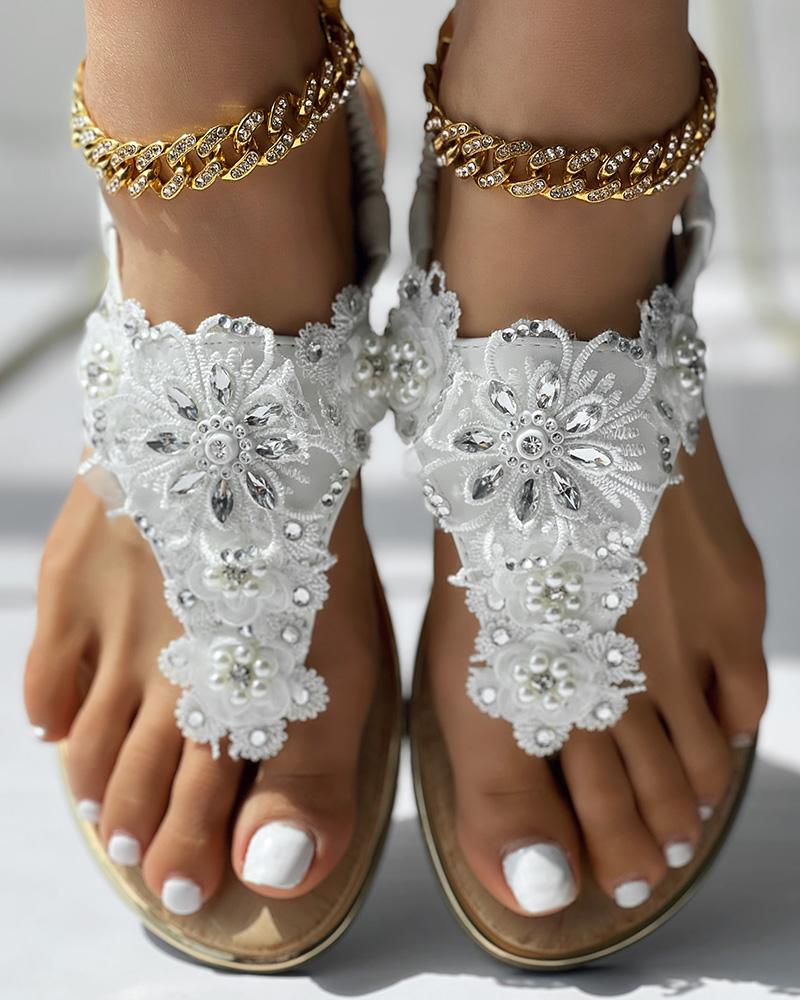 Rhinestone Floral Pattern Slingback Summer Beach Sandals