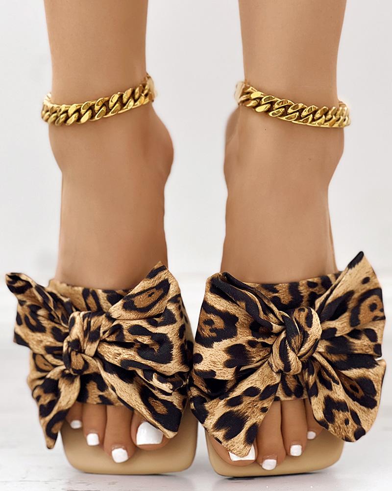 Leopard Print Bowknot Design Beach Slippers Summer Sandals