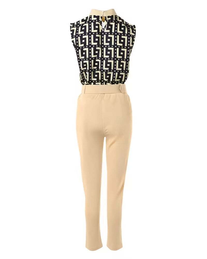 Geometric Print Ruched Top & Pants Set With Belt