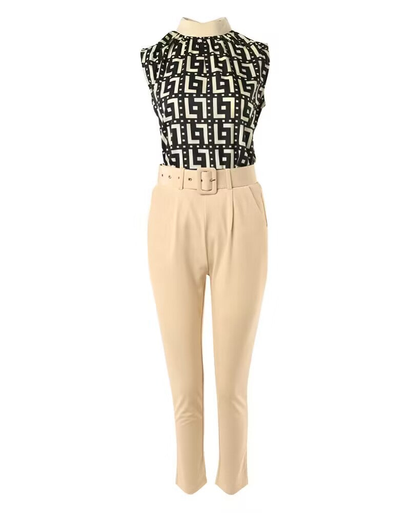 Geometric Print Ruched Top & Pants Set With Belt