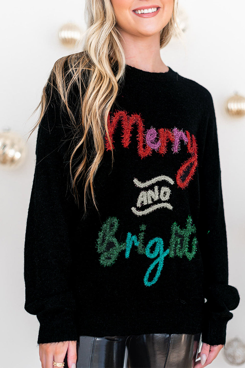 White Tinsel Merry and Bright Graphic Christmas Sweater