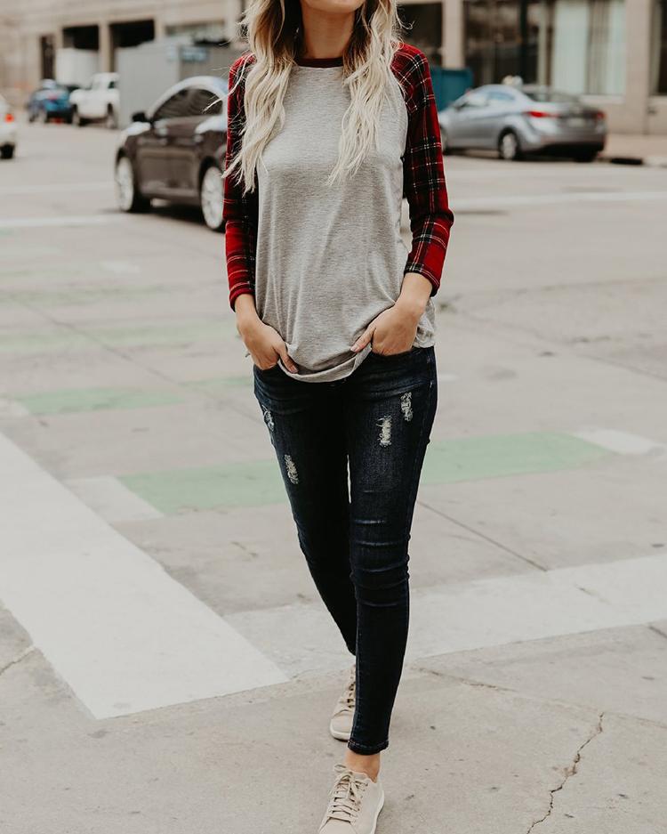 Splicing Plaid Raglan Sleeve Casual Top