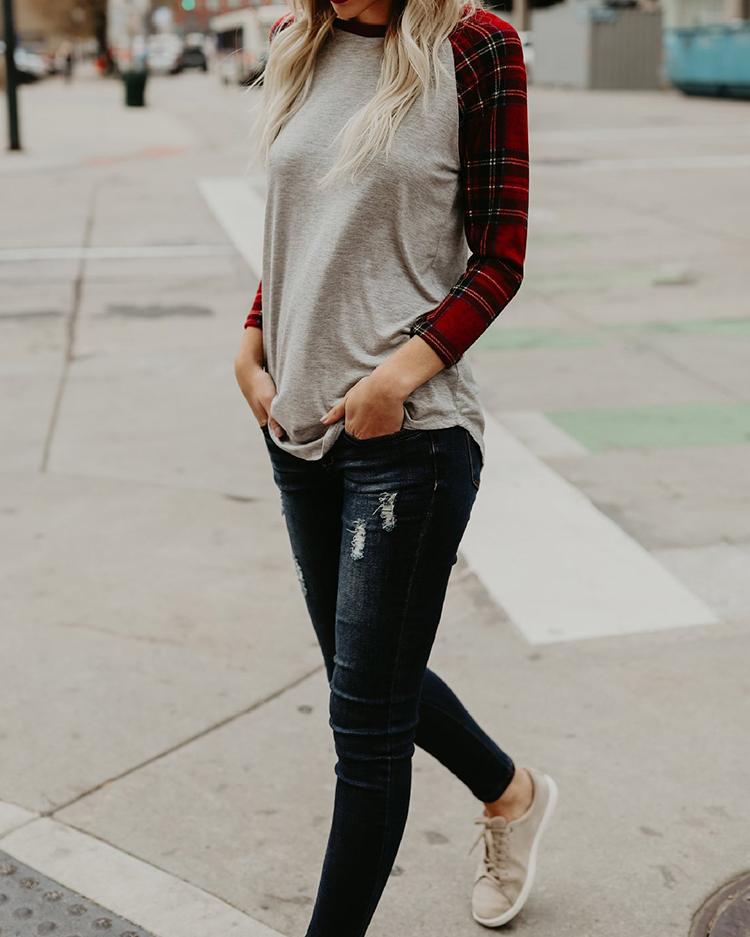 Splicing Plaid Raglan Sleeve Casual Top