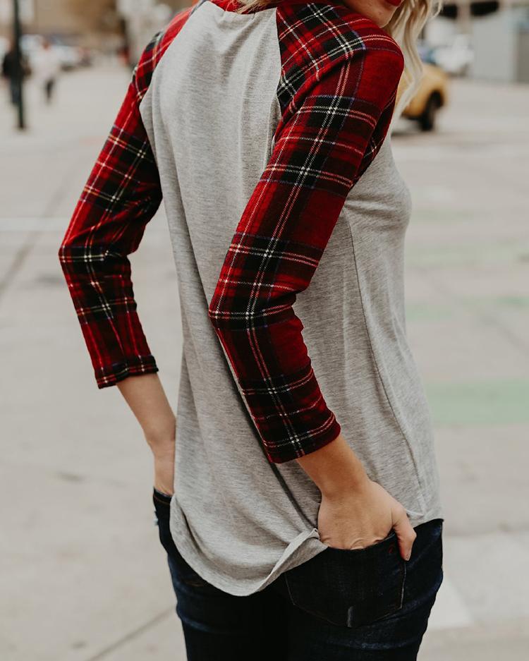 Splicing Plaid Raglan Sleeve Casual Top