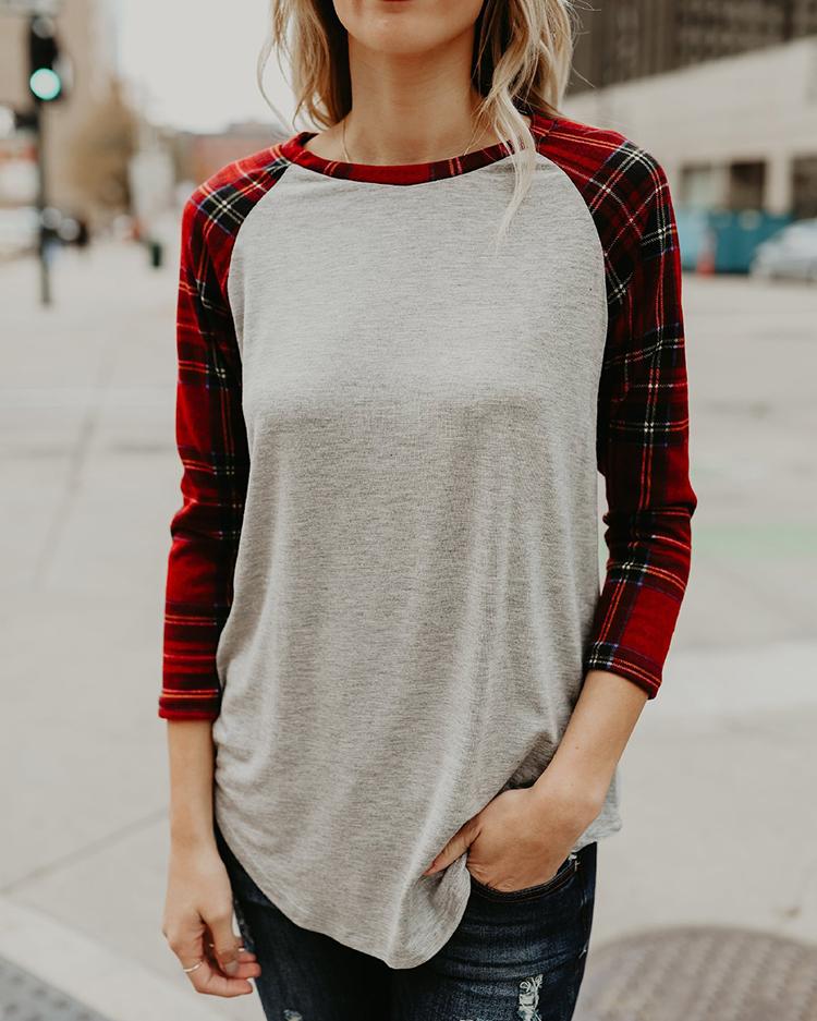 Splicing Plaid Raglan Sleeve Casual Top