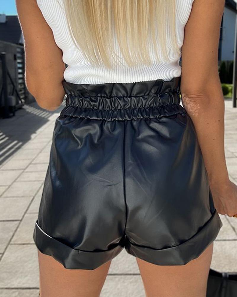 PU Leather Buckled Ruched Shorts