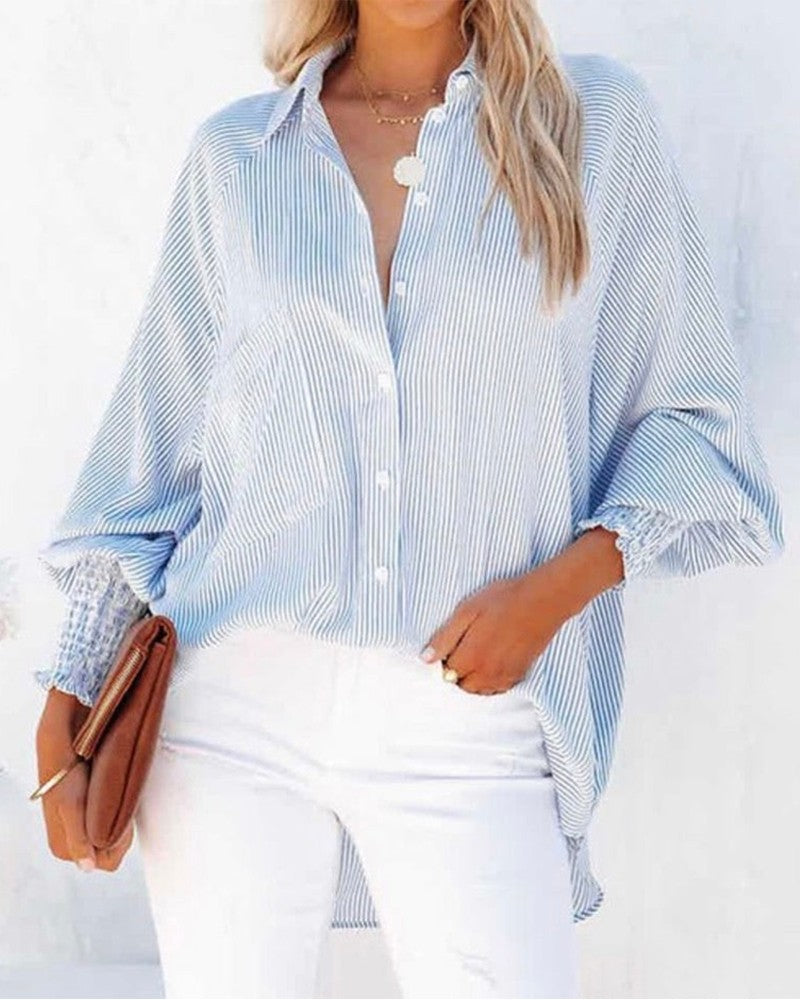 Striped Lantern Sleeve Shirred Button Down Pocket Design Shirt Top