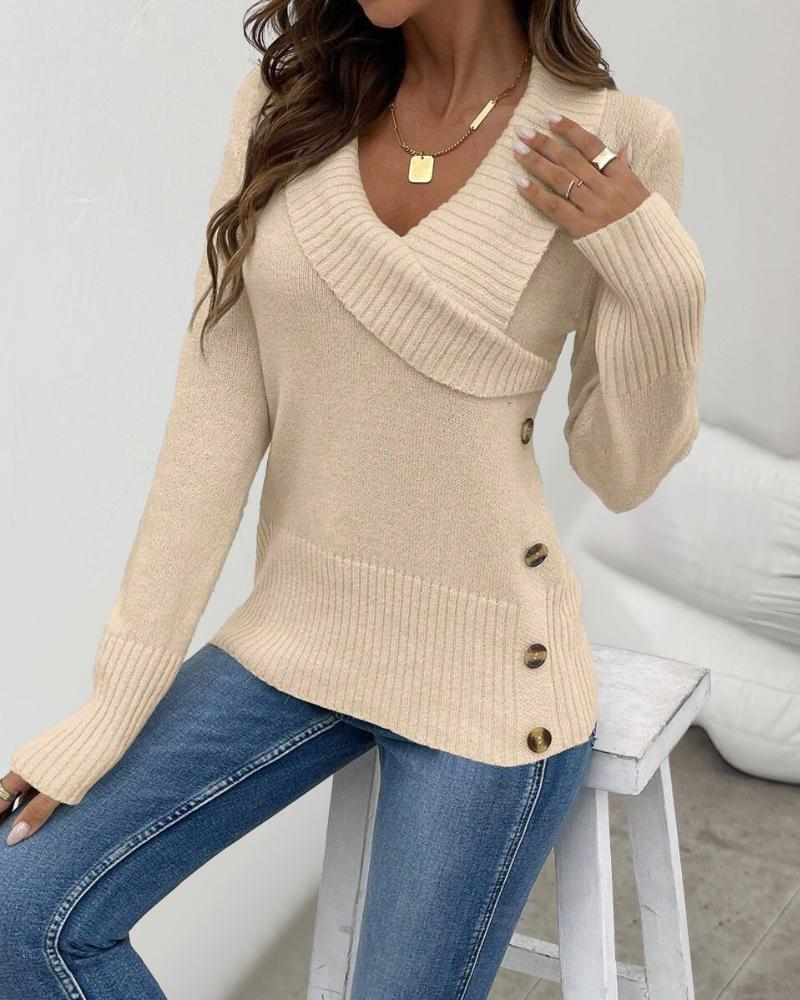 Shawl Collar Button Decor Knit Sweater