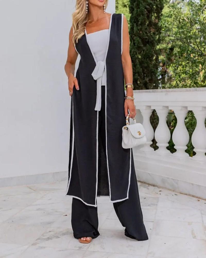 Tied Detail Contrast Binding Longline Coat & Wide Leg Pants Set