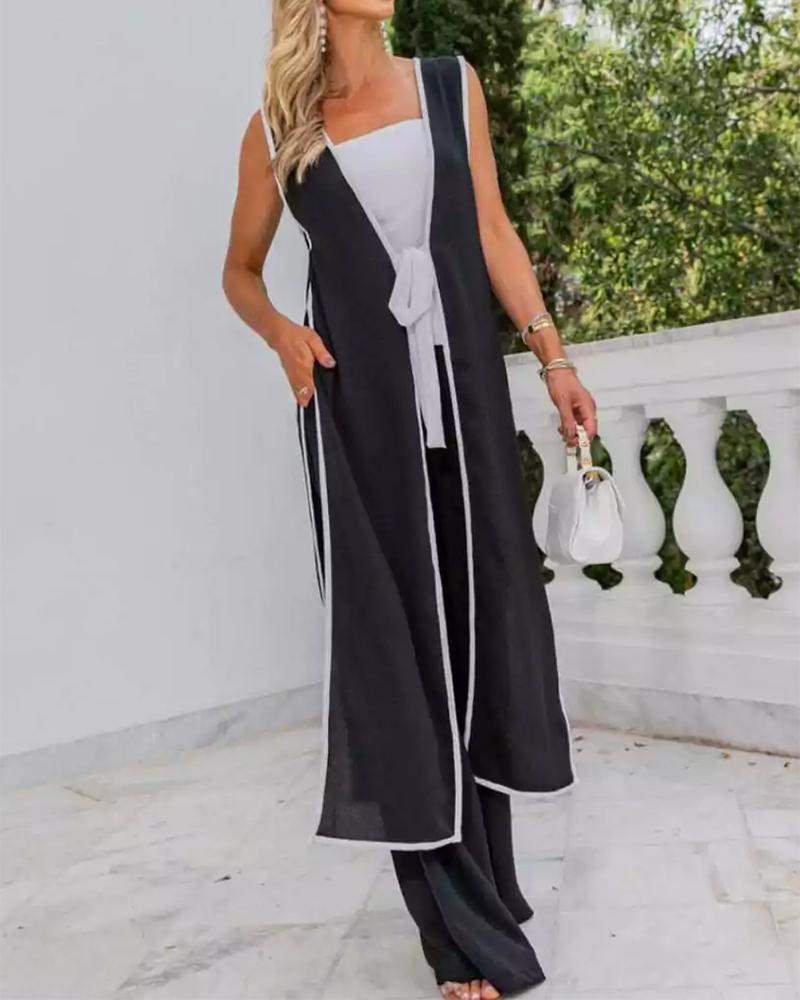 Tied Detail Contrast Binding Longline Coat & Wide Leg Pants Set