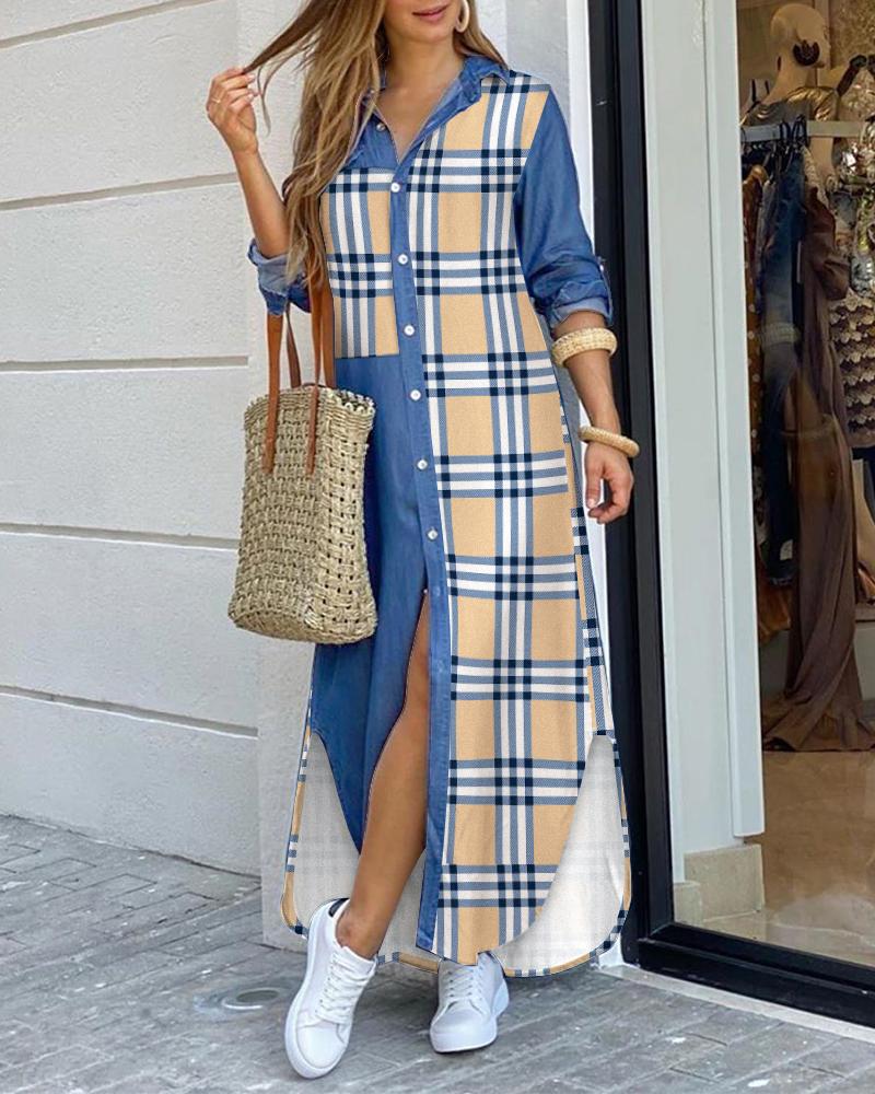 Plaid Print Patchwork Buttoned Slit Shirt Dress